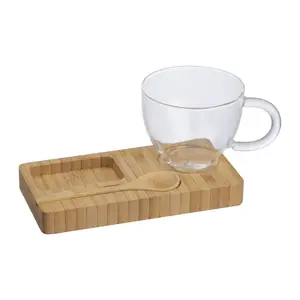 Bamboo tray with spoon and glass mug, 150 ml