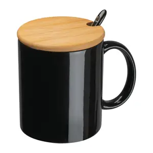 Ceramic mug with spoon and bamboo lid, 300 ml